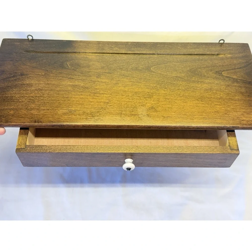 Vintage Rustic Brown Wood Shelf With Drawer And Plate Groove 18